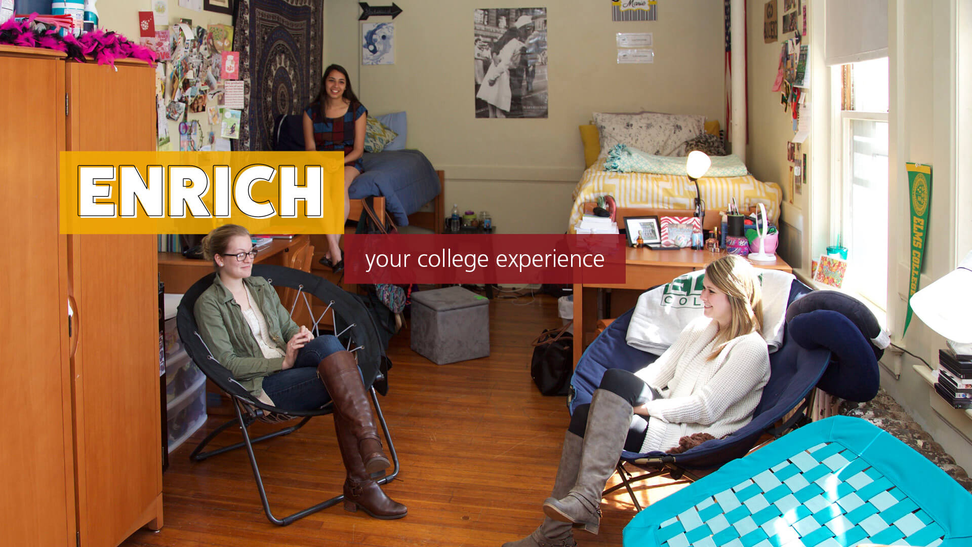 Three students relaxing in dorm room in O'Leary Hall with text that reads 'Enrich your college experience'