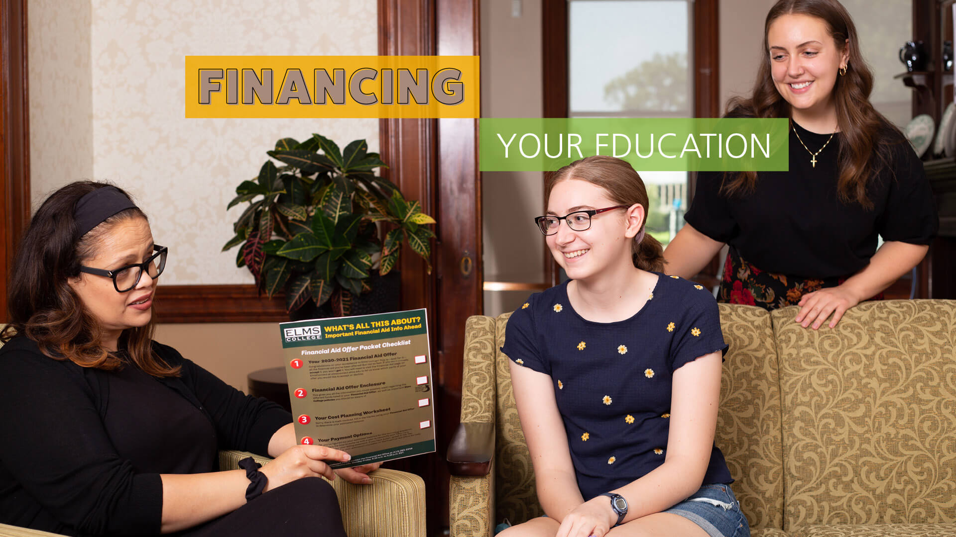 Student meeting with Admission staff of Elms College discussing financial aid package with text that reads 'Financing Your Education.'