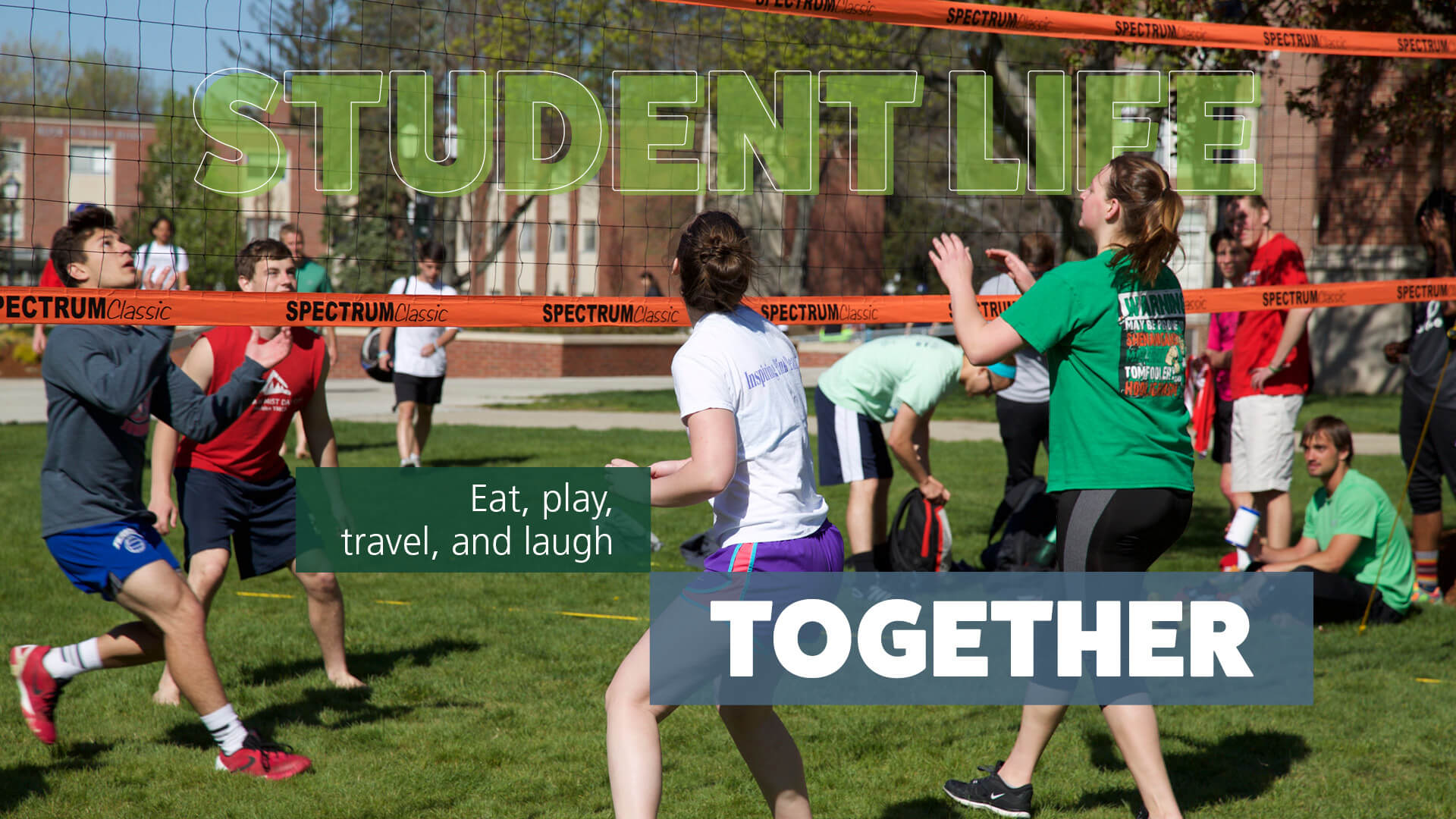 Student athletes from Women's Basketball and Men's Soccer with text reading 'Work hard, play hard.'